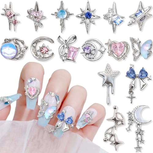 16 Styles Luxury Moon Star Nail Charms for Acrylic Nails Alloy Rhinestone Star Moon Nail Art Charms 3D Bow Butterfly Silver Nail Charms Y2k Nail Accessories Metal Nail Jewels for Nail Art Supplies