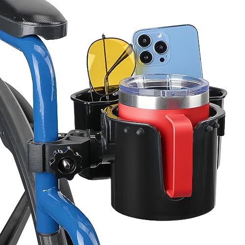 JOYTUTUS Wheelchair Cup Holder 2 Pack, 2-in-1 Walker Cup Holder with 6.4'' Storage Box, Drink Holder for Bottle with Handle, Fit for Wheelchair, Walker, Rollator, Stroller, Camper, Golf cart (Large)