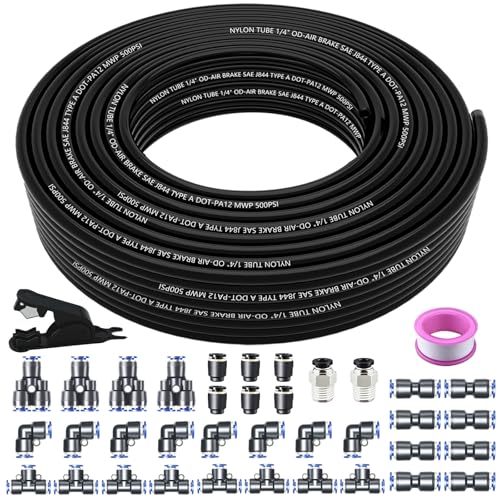 Air Line Tubing Kit, 1/4" OD DOT Air Line 50 FT(15.5M) SAE j844 PA Nylon Air Hose Tubing and Push to Connect Fittings,39 Pcs Compressed Accessories Kit For Air Brake System Or Fluid Transfer