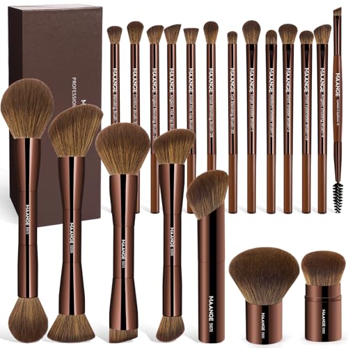 MAANGE 20 Pcs Makeup Brushes with Gift Box, Double-End Multi-functional Makeup Brushes for Blending Liquid Powder Concealer Cream Blush Buffe,Dark Brown