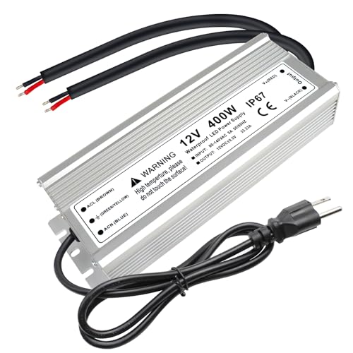 400W 12 Volt LED Power Supply, Waterproof IP67 LED Driver, 110V AC to 12V DC Converter, LED Transformer Low Voltage Output with 3-Prong Plug 3.3 Feet Cable for LED Light Strip, 33.33Amp