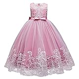 Flower Girl Lace Dress for Kids Wedding Bridesmaid Pageant Party Formal Long Maxi Gown Big Little Princess First Communion Birthday Dance Prom Sequins Bow Puffy Tulle Dresses Dusty Pink 5-6 Years