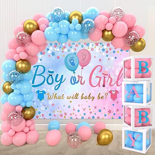 Gender Reveal Baby Balloon Boxes Decorations, Pink Blue Balloon Arch Garland Kits With 4pcs Boxes, Gender Reveal Backdrop for Baby Shower,Boy or Girl gender Reveal Party Supplies(141pcs)