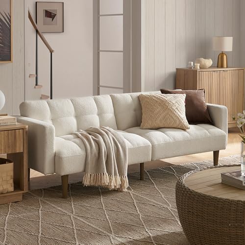 mopio Aaron 76.8" Couch, Small Futon Sofa Bed, Sleeper, Loveseat, Mid Century Modern Futon Couch, Sofa Cama, Couches for Living Room, Bedroom (Pearl White, Boucle)