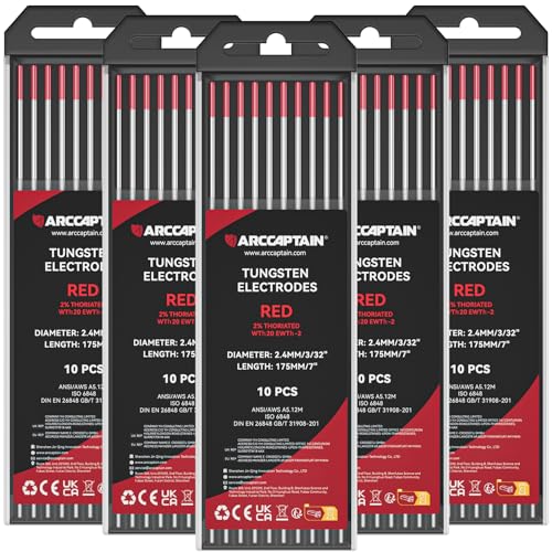 ARCCAPTAIN TIG Welding Tungsten Electrode 10-Pack 3/32"x 7"(Red - 2% Thoriated, WT20/EWth-2) X 5 Pcs