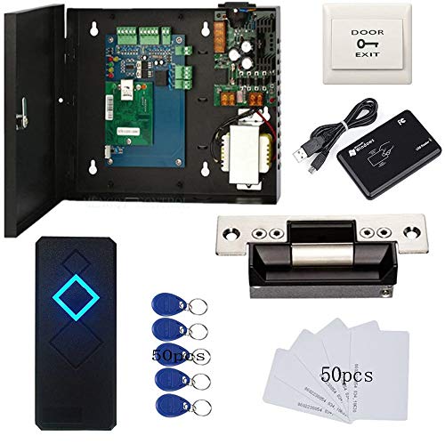 MENGQI-CONTROL Electric Door Strike Lock Complete TCP/IP Network Single Door Access Control Board System Kits with 110V Metal Power Supply RFID Reader+Exit Button Phone APP remotely Open Door