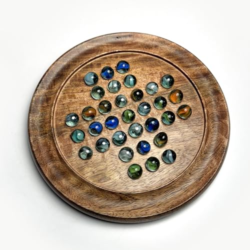 MARS EXPORTS Classic Wooden Solitaire Board Game with Colorful Marbles - Timeless Strategy Fun for 15+ Yeras Ages Brain Development Board Game Dia 9 inch with Extra Marbles Set (Multicolor Balls)