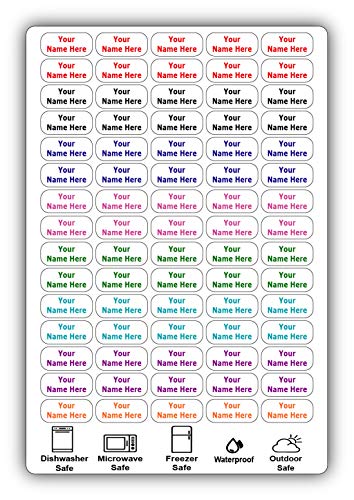 75 Personalized Waterproof Name Labels. Press and Stick Multi use Custom Name Labels. Customized 2 Lines of Text and Color. ID Identification Name Stickers with Permanent Self Adhesive.