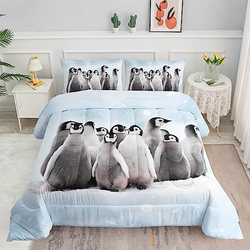 Datura home Bedding Comforter Set Penguin Snow Printed Pattern Quilt Bedding Set with 1 Comforter and 2 Pillowcases for Girls and Boys Bedroom All Season(Penguin Queen)