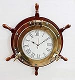 Antique Marine 18" Wooden Ship Wheel Porthole Vintage Clock Nautical Wall Clock Home Decor