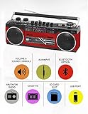 Riptunes Cassette Boombox, Retro Blueooth Boombox, Cassette Player and Recorder, AM/FM/SW-1-SW2 Radio-4-Band Radio, USB, and SD, RED