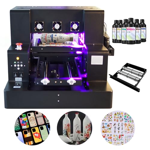 UV Flatbed Printer, A3 XP600 UV Printer, Higher Resolution 5760 * 1440dpi,UV DTF Printer Machine with Bottle Holder for Phone Case Glass Cups Stickers Wood Acrylic Leather ABS PVC