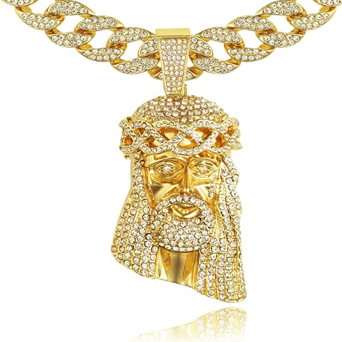 ICEDTAG Men's Cuban Link Chain Miami Necklace Gold Silver Plated 5A+ Lab Diamond Cut Large Jesus Pendant Iced Out Hip Hop Luxury Jewelry Set (Gold- 18 Inch Set II)