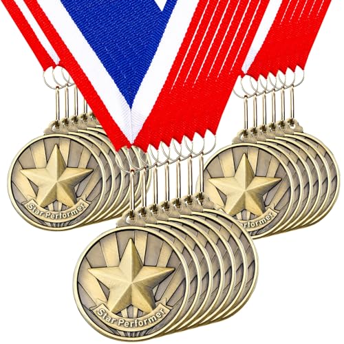 Quelay 30 Pcs 2'' Gold Medals for Awards Winner Bulk with Neck Ribbons Metal Trophy Award Prize Gift for Kids Students Adults School Graduation Participation Competitions(Star Performer)