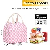 Checkered Lunch Bag for Girls Women, Cute Insulated Leakproof Lunch Box Container Reusable Cooler Lunch Tote Bag for Teens Kids Adults School Travel Picnic (Pink)