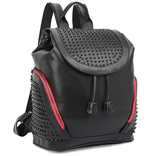 Downupdown® Fashion Backpack Purse Genuine Leather Backpack Rivet Knapsack Drawstring Bucket Bag Casual Backpacks-Black