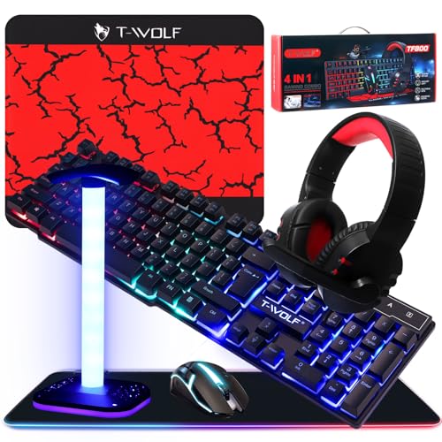 Vinsot 6 in 1 Gaming Accessories Bundle Includes Keyboard, Mouse, Mouse Pad, Headset, LED XL Mouse Pad, Luminous Headphone Stand Backlight PC Gaming Set for PC Beginner Gamer Gift Favors
