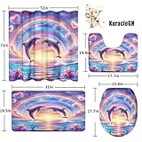 Dreamy Nautical Ocean Dolphins Shower Curtain Sets 4 Pcs,Watercolor Anime Colorful Rainbow Sunset Pink Orchids Dolphins Bathroom Decor with Rugs Include Waterproof Non-Slip Toilet Lid Cover Bath Mat