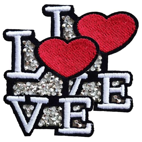 Rhinestone Love Patch, 2PCS Cute Love You Red Heart Iron On Patch, Decorative Applique Patch DIY Sticker Accessories for Clothes Jacket Bags Backpacks