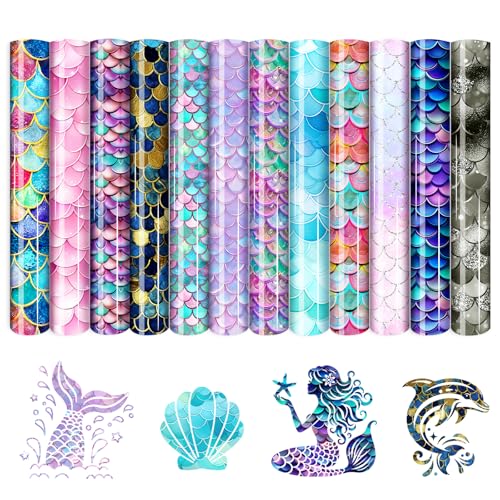 HTVSTD Fish Scale Heat Transfer Vinyl -12 Sheets 12'' x 10''Mermaid Scales HTV Pattern Iron on Vinyl for T-Shirts