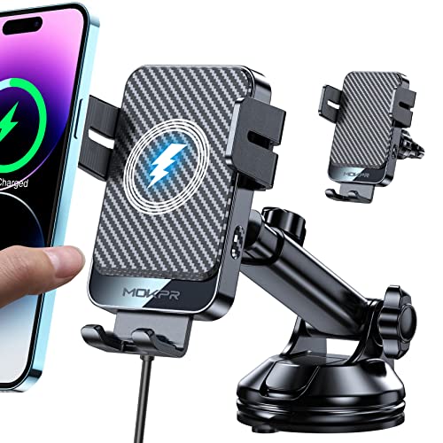 Wireless Car Charger, MOKPR 15W Fast Charging Auto-Clamping Car Mount Universal Hands-Free Car Charger Mount for Dash Windshield Air Vent Compatible with iPhone 16 15/14/13/12, Samsung S23/S22/S21,etc