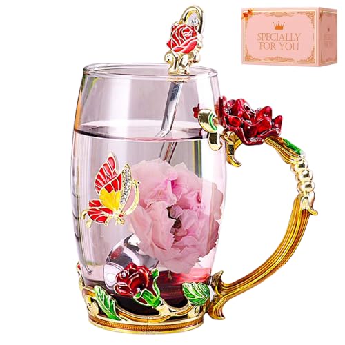 DasyFly Birthday Gifts For Women,Enamel Butterfly Flower Glass Tea Cup Rose Red Coffee Mug,Cute Gifts For Mom Grandma Women Wife Female Friend on Mothers day Anniversary Christmas Valentines