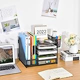 Marbrasse Desk Organizer with File Holder, 5-Tier Paper Letter Tray Organizer with Drawer and 2 Pen Holder, Mesh Desktop Organizer and Storage with Magazine Holder for Office Supplies(Black)