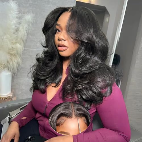 Curtain Bangs Face-Framing 9x6 Glueless Wigs Human Hair Pre Plucked Pre Cut HD Lace 200 Density Loose Body Wave Lace Front Wigs Human Hair Ready to Go Glueless Human Hair Wigs for Black Women 18 inch