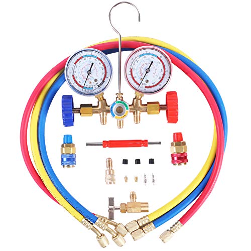 JIFETOR 3 Way AC Manifold Gauge Set, HVAC Diagnostic Charging Tool for Auto Household R404A R134A Refrigerant with R134A Quick Couplers 3FT Charging Hose Can Tap Adapter Valve Core Tool