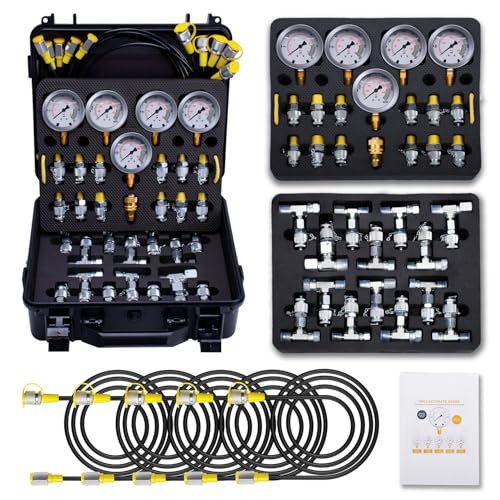 GRYVOZE Hydraulic Pressure Test Kit with 5 Gauges(Max 10000 PSI), 13 Test Couplings 14 Tee Connectors 5 Test Hoses, Hydraulic Nitrogen Gauge Tester Set for Excavator, Construction, Machinery, and Mine