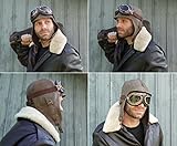 Leather Aviator Hat, Real Vintage Brown Leather Helmet, Pilot Cap, Men/Women, Simon Model (XLarge, Hat with Goggles)