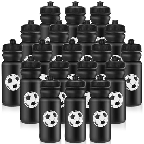 Nitial 20 Pack Squeeze Water Bottle Bulk 20 oz Sports Bottle with Pull Top Lid Plastic Reusable Gifts Tumbler for Sports Travel Gym Party Supplies(Soccer,Black)