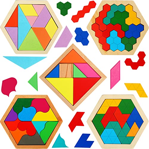 5 Pack Wooden Tangram Puzzle for Kids Wooden Hexagon Puzzle Block Teaser Geometric Shapes Tangram Games for Jigsaw 3D Logic IQ Game Gift(Geometry)