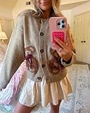 Women Button Down Cardigan Sweaters Cute Bow Bear Knitted Pattern Casual Fall Winter Cardigan Coats(Khaki,M)