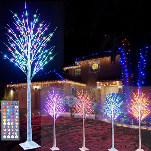 7Ft Birch Tree with LED lights Color Changing Lighted Birch Tree Outdoor, Remote Control White Birch Tree with Colorful Pink Green Pink Lights for Indoor Outside Home Wedding Halloween Christmas Decor