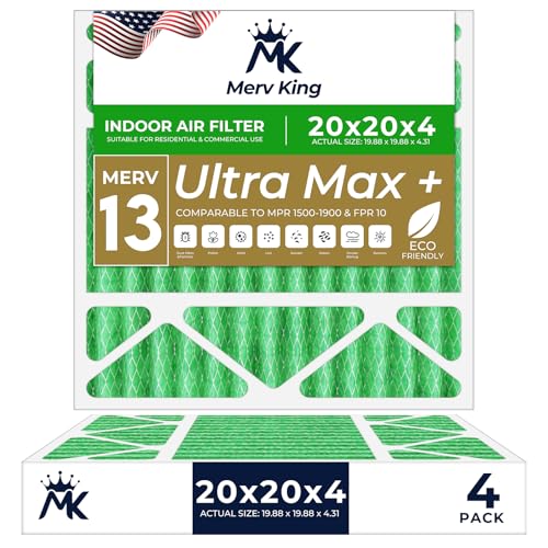 MervKing 20x20x4 Air Filter | MERV 13 | MPR 1500-1900 Ultra Max | 4-Pack | Pleated HVAC AC Furnace Replacement Air Filters | Actual Size: 19.88" x 19.88" x 4.31"