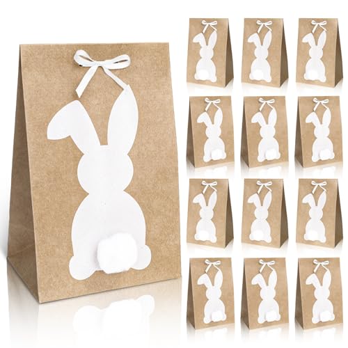 FYSUIMU 24Pcs Easter Bunny Party Favor Bags White Rabbit Kraft Paper Treat Bags with Pompoms Ribbon Candy Goodie Bags for Spring Birthday DIY Craft Supplies