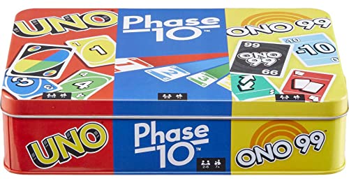 Mattel Games Set of 3 Card Games with UNO, Phase 10 & ONO 99, Travel Fun for Kids & Family Night with Storage Tin Box