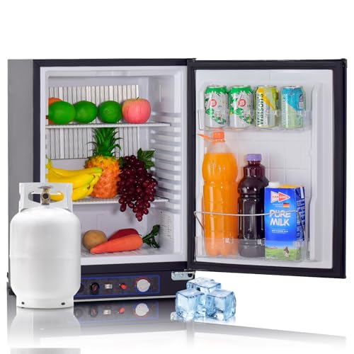 Techomey 2.1 Cu.Ft Propane Refrigerator off Grid, Camper Fridge, 12 V/110V/LPG Compact RV Refrigerator for Semi Truck, Garage, Black