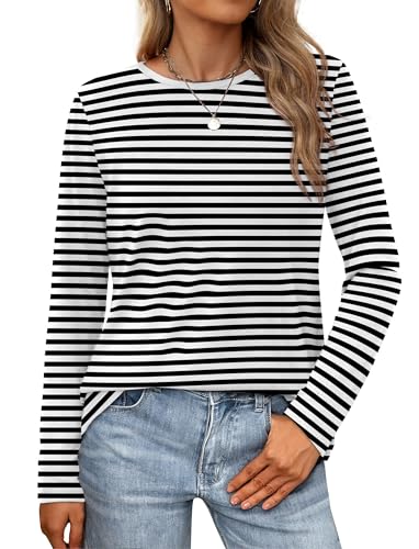 XIEERDUO Womens Crew Neck T Shirts Classic Long Sleeve Work Tops Lightweight Striped M