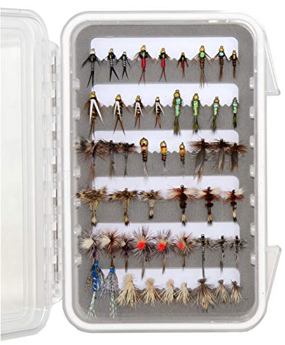 Outdoor Planet 50 Premium Fly Fishing Flies Assortment | Waterproof Fly Box | Dry, Wet, Nymphs & Caddis Flies | Trout Fishing Lure Set