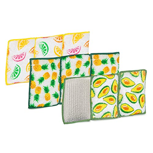 Smart Design Heavy Duty Scrub Sponge with Bamboo Odorless Rayon Fiber - Set of 9 - Ultra Absorbent - Soft & Metallic Scrub - Cleaning Dishes & Hard Stains - Kitchen - Pineapple, Citrus, Avocado Prints