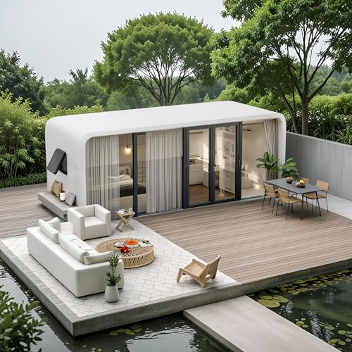 Walkmax Luxury modern prefab cabin - 19ft mobile capsule with bedroom, kitchen and bathroom, storm resistant prefab cabin -15 typhoon and 10 earthquake proof mobile cabin for travel and outdoor living