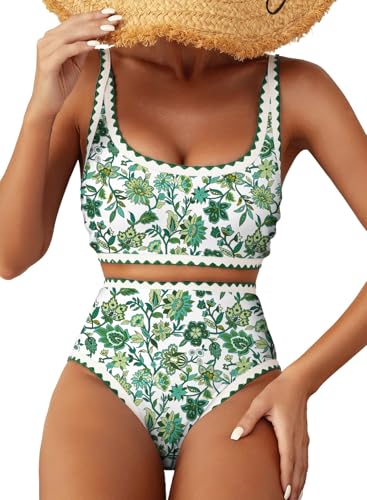 Herseas Women's Bikini Sets Floral Print Swimsuits High Waisted Adjustable Straps Bathing Suits Teen Sporty Green Beach Outfits X-Large
