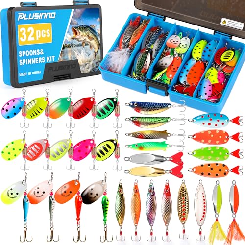 PLUSINNO Fishing Lures Spinner Baits, 32PCS Trout Bass Fishing Lures, Spinning Spoons with Copper Body & Blade, Fishing Gear Kit with Tackle Box Gifts for Men Bass Trot Freshwater