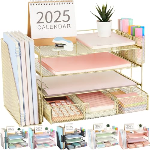 gianotter Desk Organizers and Accessories with File Holder, 4-Tier Desk Accessories & Workspace Organizers with Drawer and 2 Pen Holder, Paper Organizer for Office Supplies(Gold)