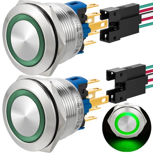 Momentary Push Button Switch 22mm 7/8" Mounting Hole Waterproof 24V SPDT Stainless Steel with Wire 2 Pcs (Green, Momentary,24V)