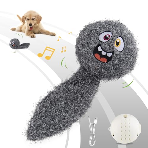 PETGEEK Interactive Squeaky Dog Toy, Automatic Moving Vibrating Dog Balls with Plush Cover, Rechargeable Perro Juguetes with Recording and Music Mode, Crinkle Pet Plush Toy for Boredom, Grey