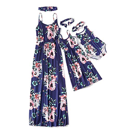 IFFEI Mommy and Me Matching Dress Spaghetti Strap Summer Casual Sundress Beach Sleeveless Dress with Headband Blue Womens Large