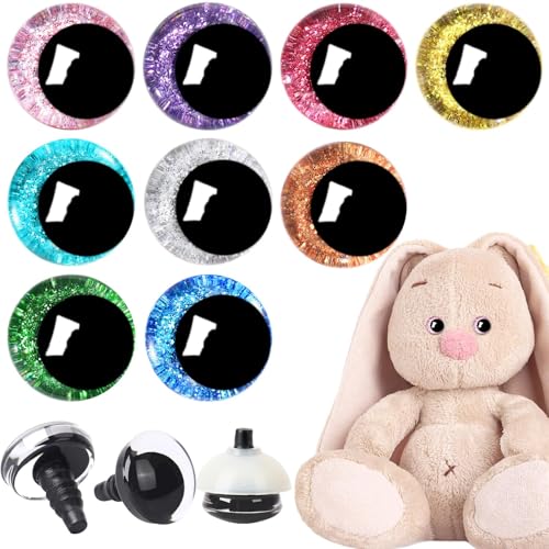 UPINS 180Pieces 18 mm 3D Glitter Plastic Safety Eyes with Washers for Amigurumi Animal Moon Eyes Plastic Craft Doll Crochet Eyes for DIY of Puppet Bear Making Supplies (9 Colors)